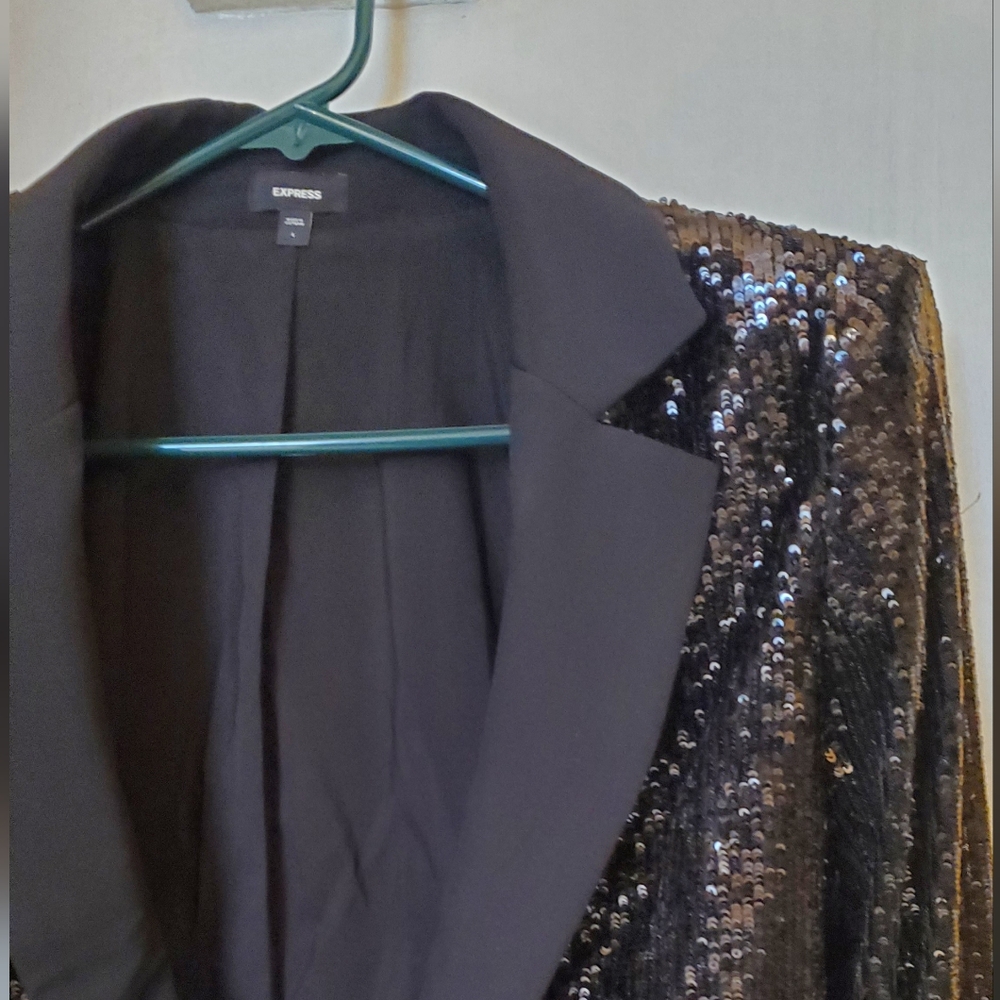 New Express Sequin Solid Lapel Cropped Black Blaz… - image 7
